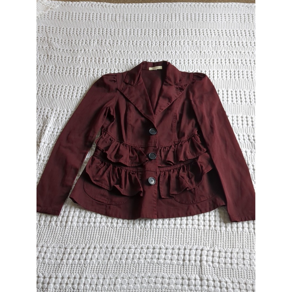 Prairie Underground Blazer Jacket Tiered Ruffle Pockets Sz Small Burgundy Button